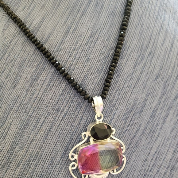 Necklace tourmaline pendant, silver, onyx strand. - Picture 2 of 8